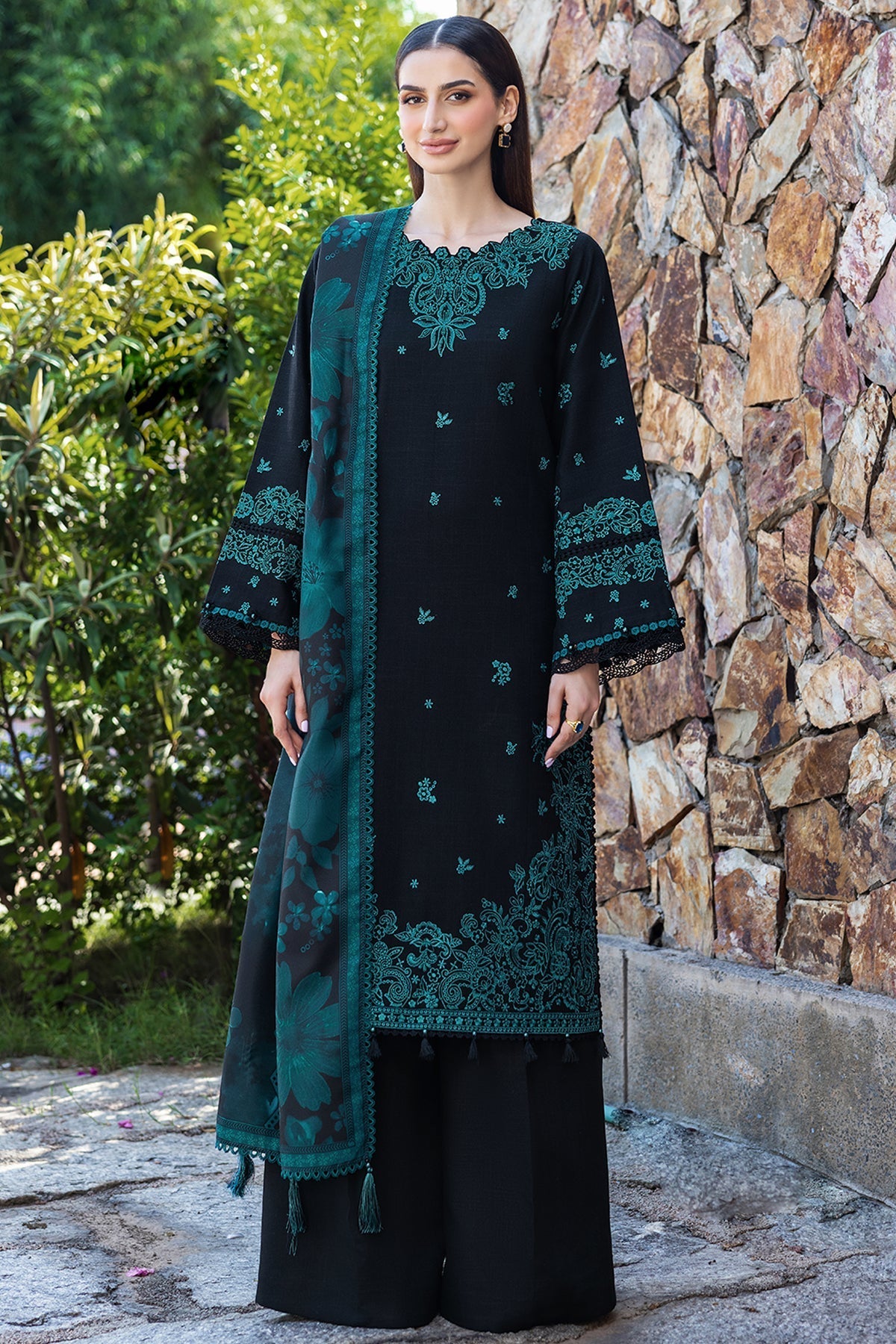 BATIK-3PC EMBROIDERED SHIRT WITH COURTRAI PRINTED SHAWL AND TROUSER-BIC-4391