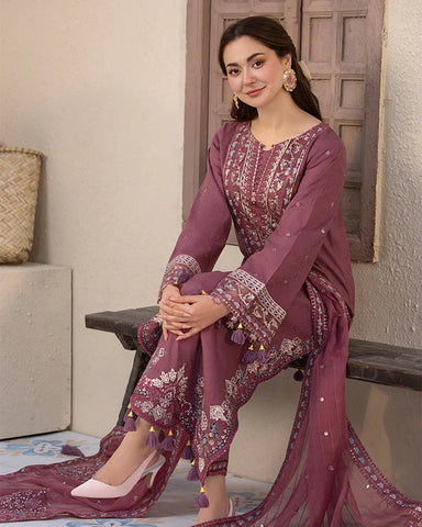 QALAMKAR - 3PC LAWN EMBROIDERED SHIRT WITH JACQUARD WEAVED EMBROIDERED DUPATTA AND COTTON TROUSER