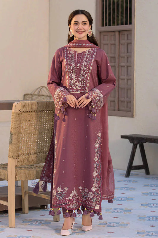 QALAMKAR - 3PC LAWN EMBROIDERED SHIRT WITH JACQUARD WEAVED EMBROIDERED DUPATTA AND COTTON TROUSER